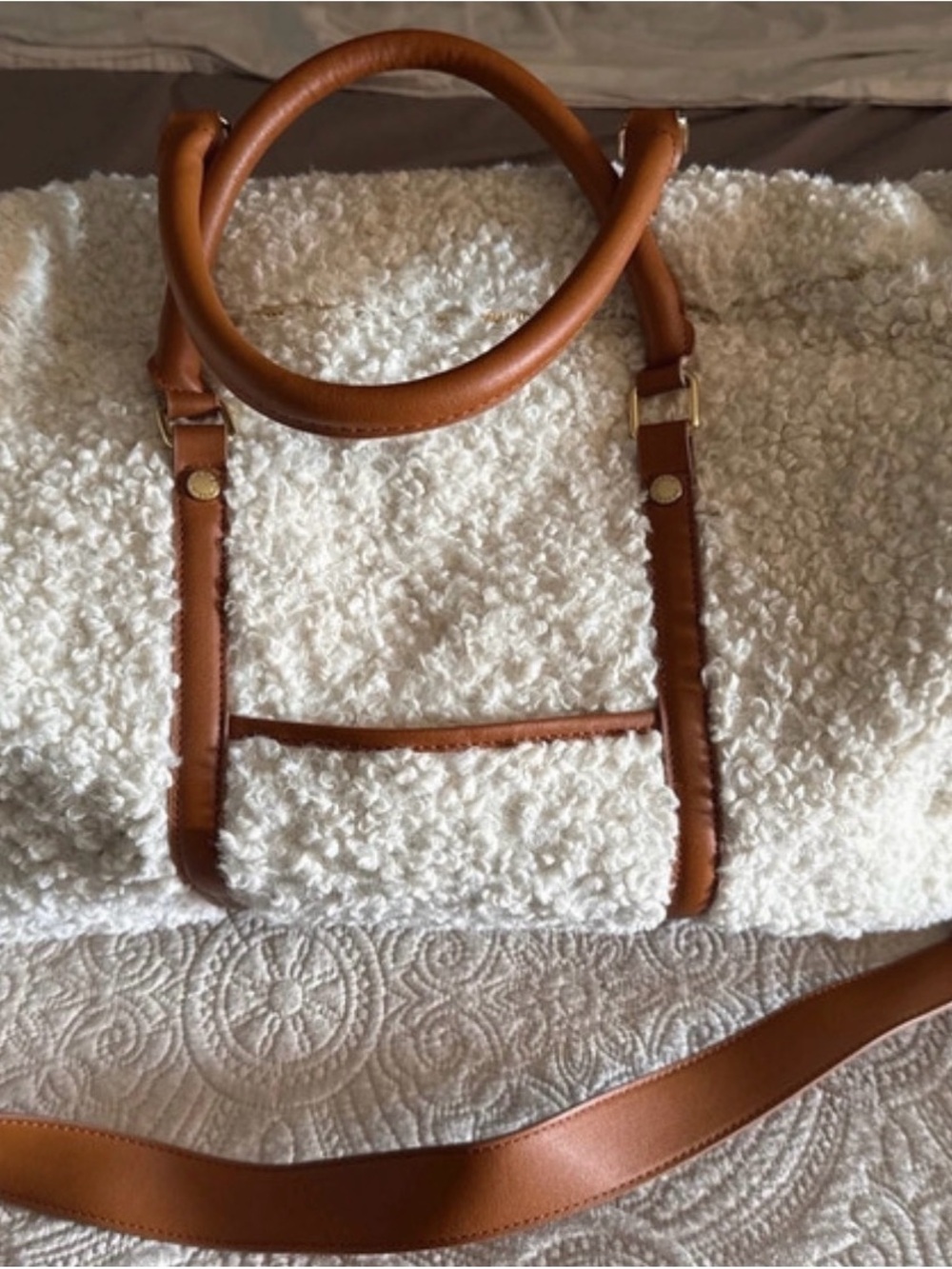 Steve Madden Cream Sherpa Travel Tote with Tan Trim